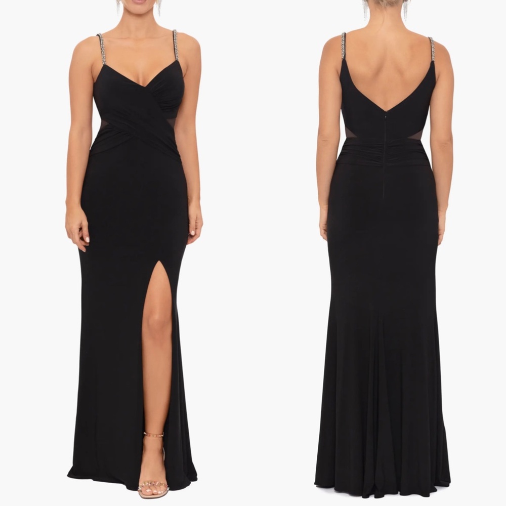 NEW XSCAPE Black BEADED STRAPS Mesh Inset Sides RUCHED Evening Dress GALA GOWN 6